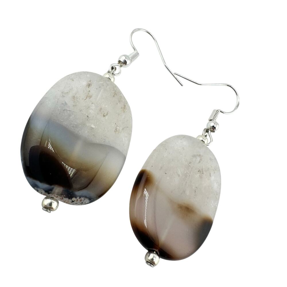 925 Sterling Silver Agate In Quartz Polished Natural Stone Bead 2" Earrings